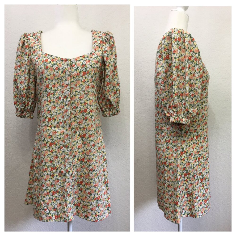 NADA Korean Fashion Women XS Floral Button Front Mini Dress Puffed Sleeves